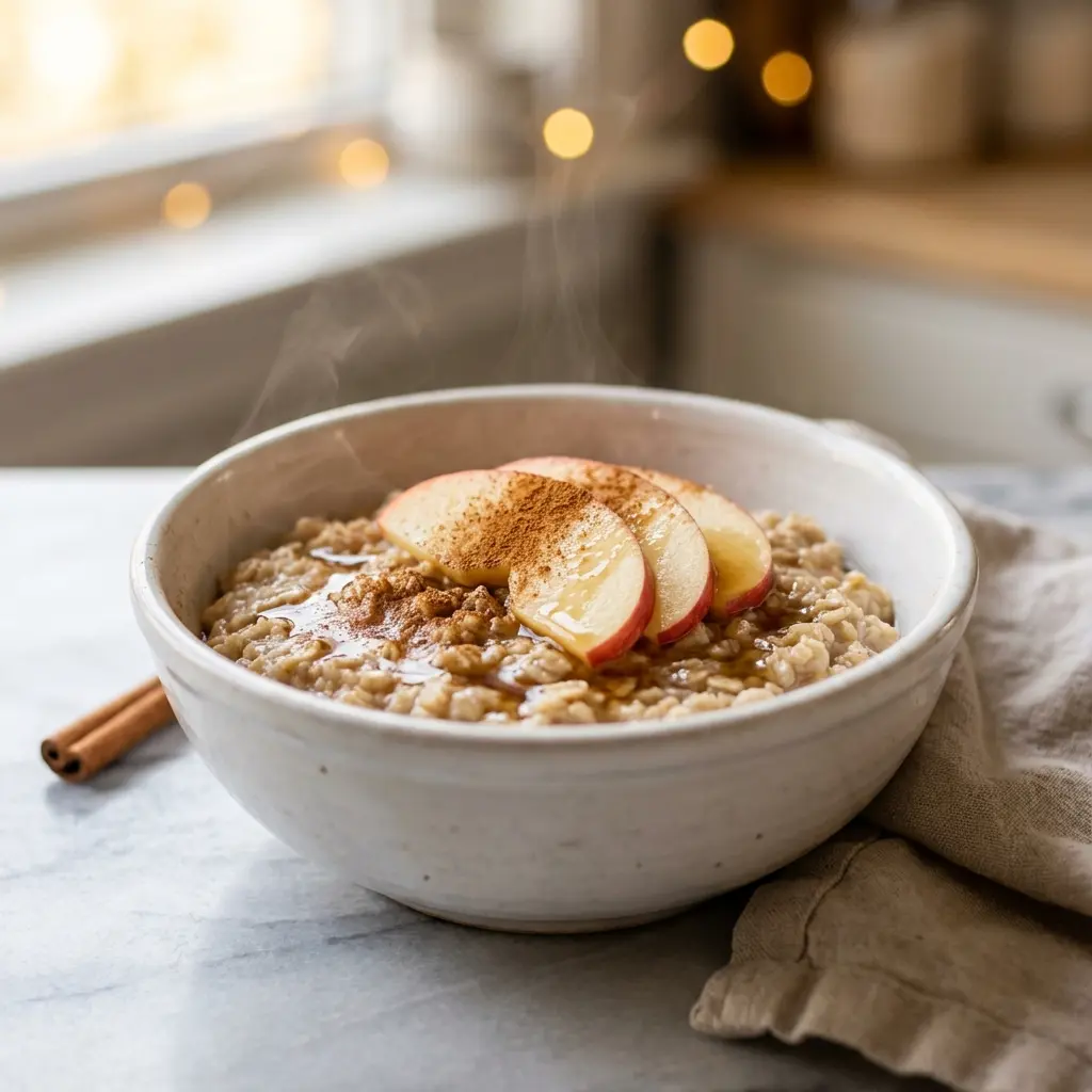 A warm and comforting bowl of apple cinnamon oatmeal, garnished with fresh apple slices and a sprinkle of cinnamon.