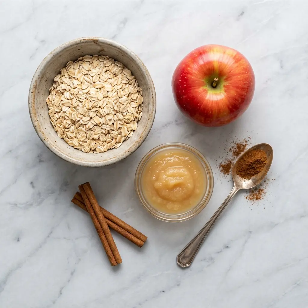 Ingredients for apple cinnamon oatmeal without sugar: rolled oats, a fresh apple, applesauce, and cinnamon sticks.