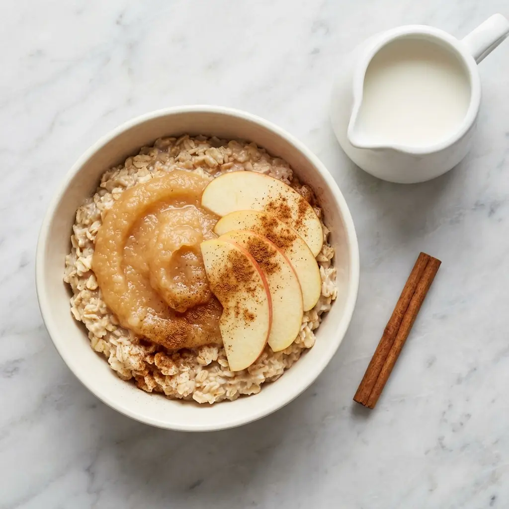 An overhead flat lay photo of a bowl of apple cinnamon oatmeal without sugar.