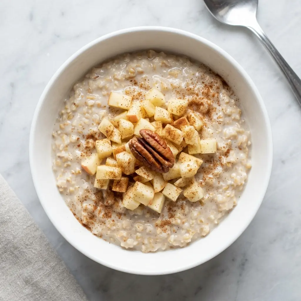 An overhead flat lay photo of a bowl of apple cinnamon steel cut oats on a marble surface.