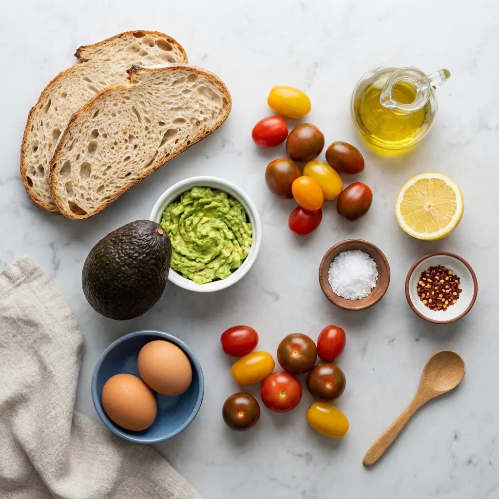 An overhead shot of the ingredients needed for avocado toast: sourdough bread, avocado, eggs, tomatoes, and seasonings.