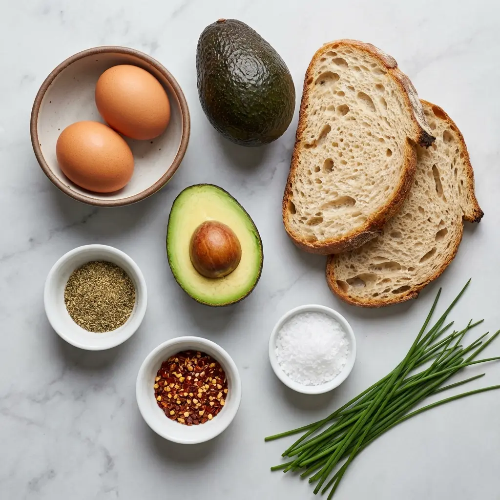 An overhead flat lay of the ingredients for avocado toast: sourdough bread, avocado, eggs, and seasonings.