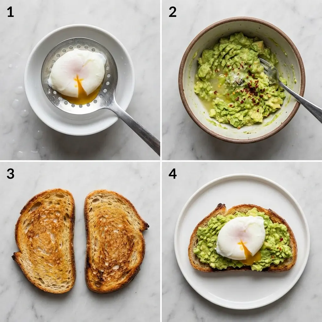 A four-panel image showing the steps to make avocado toast with a poached egg: poaching the egg, mashing avocado, toasting bread, and final assembly.