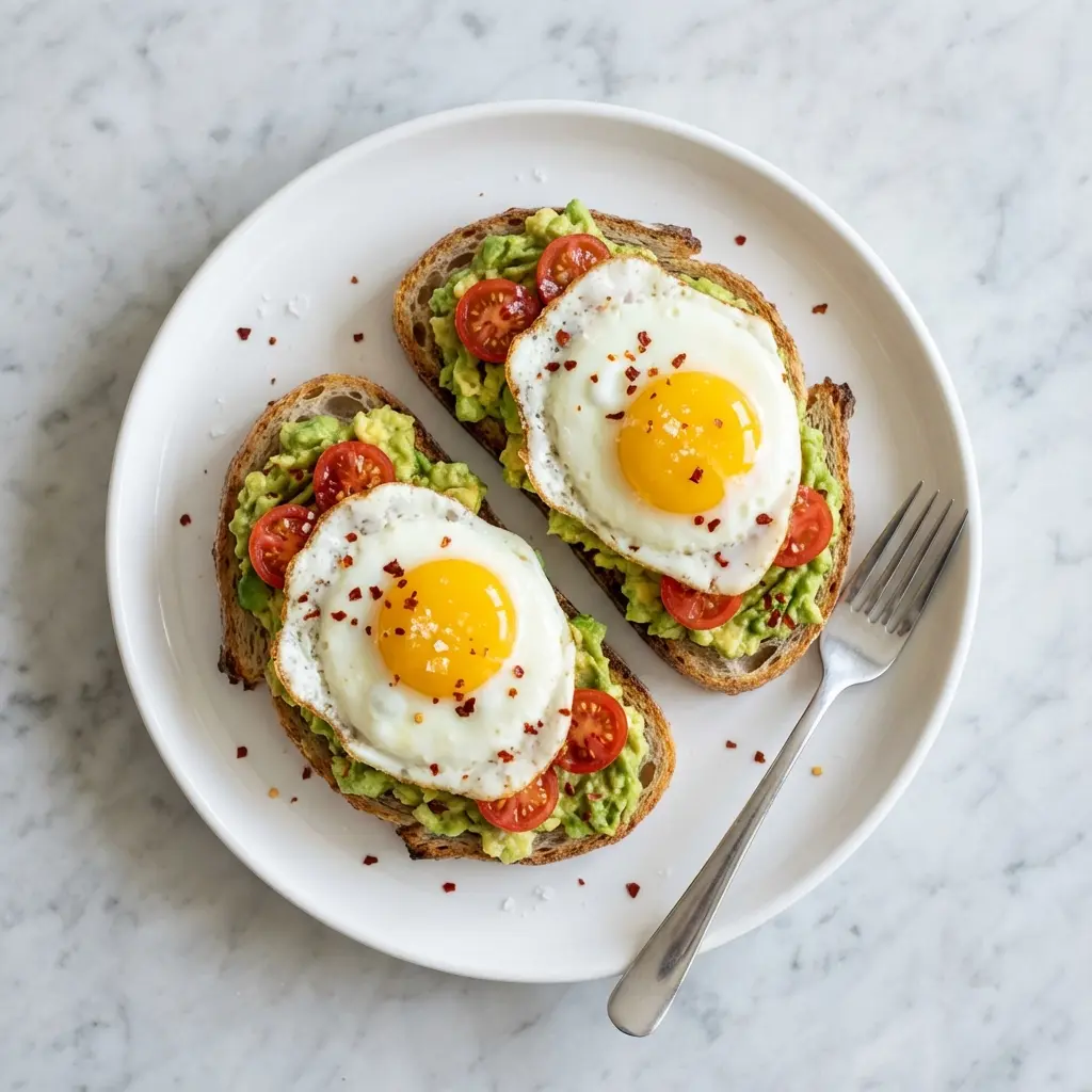 An overhead flat lay of two pieces of avocado toast with egg and tomato on a white plate.