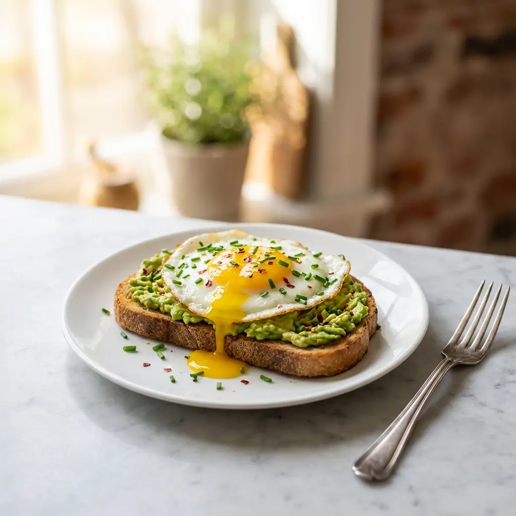 A slice of avocado toast with a perfectly fried egg on top, with a runny yolk.