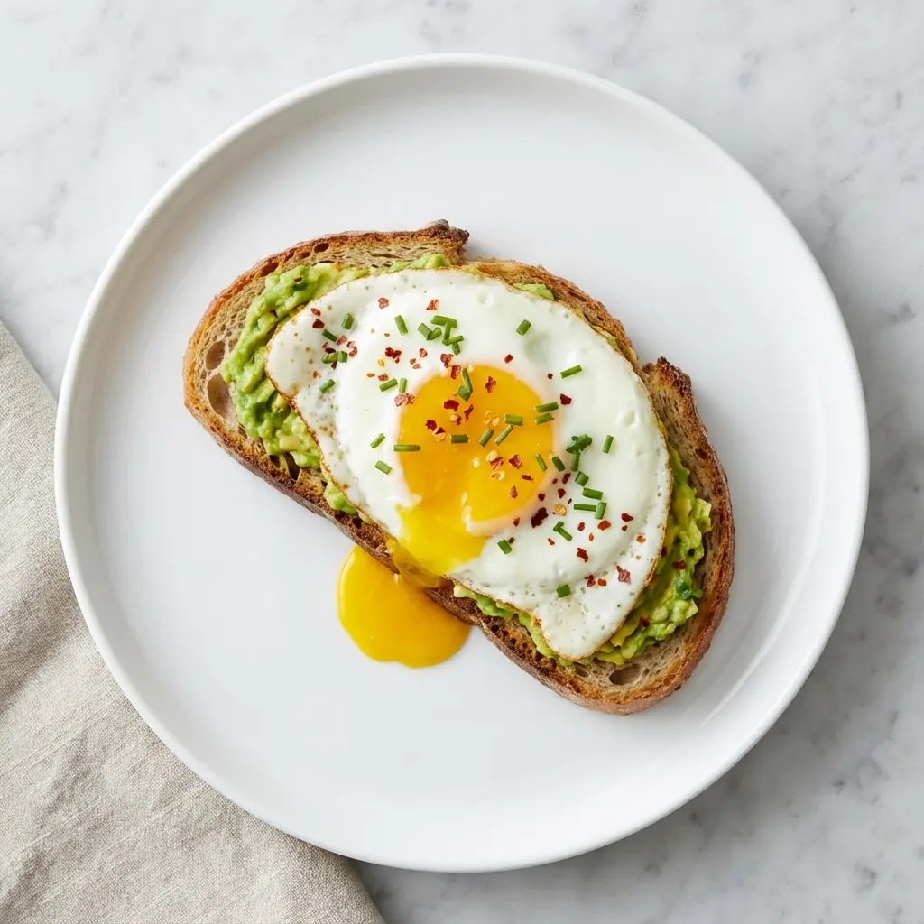 Overhead shot of avocado toast with a fried egg on a white plate.
