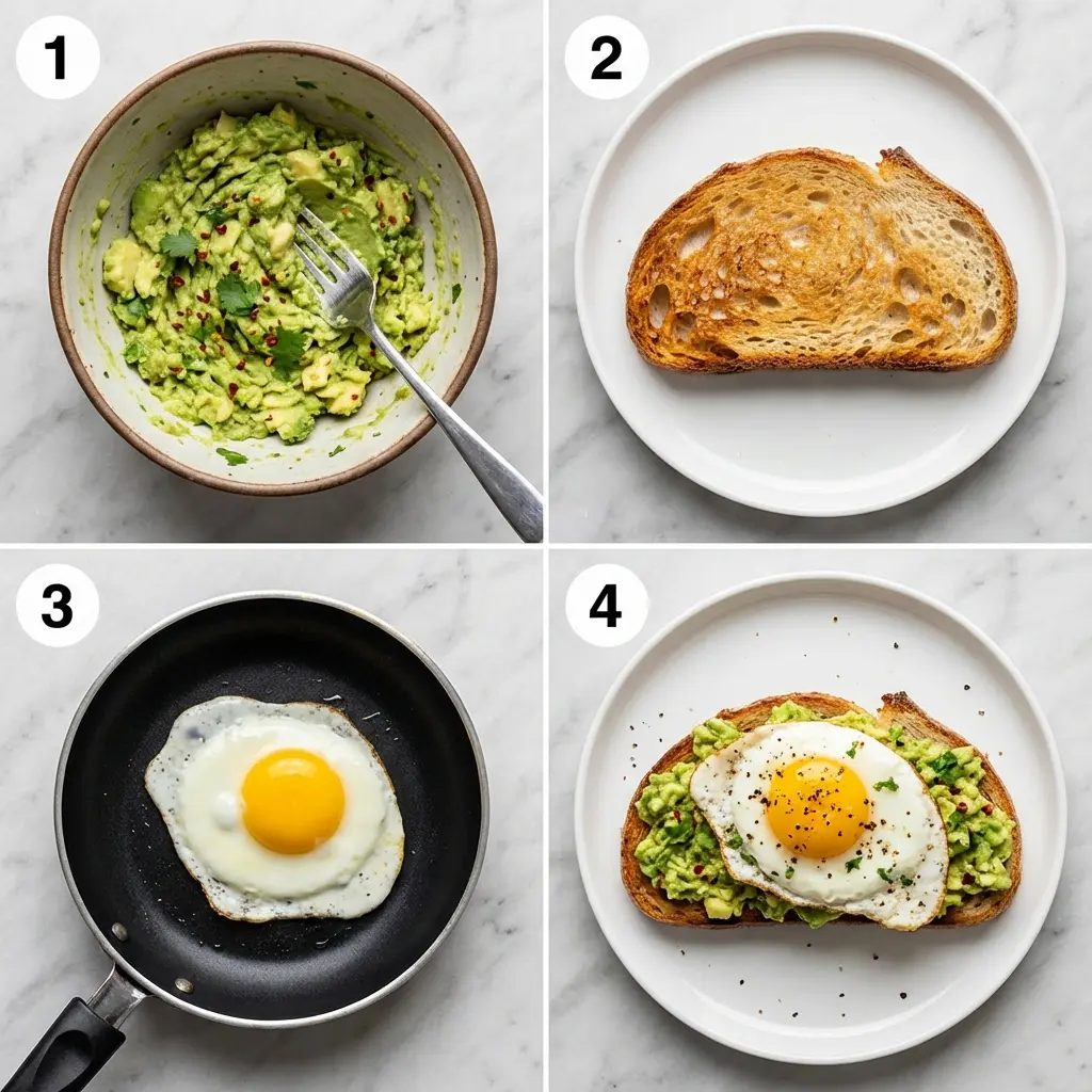 A 4-panel image showing the steps: mashing avocado, toasting bread, frying an egg, and assembling the toast.
