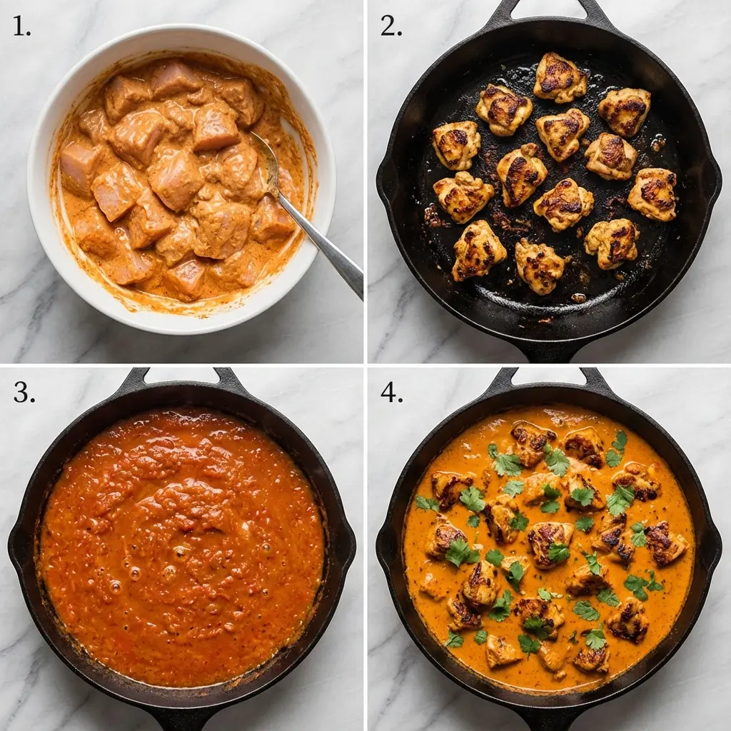 A 4-panel image showing the steps to make chicken tikka masala: marinating chicken, searing chicken, making the sauce, and combining.