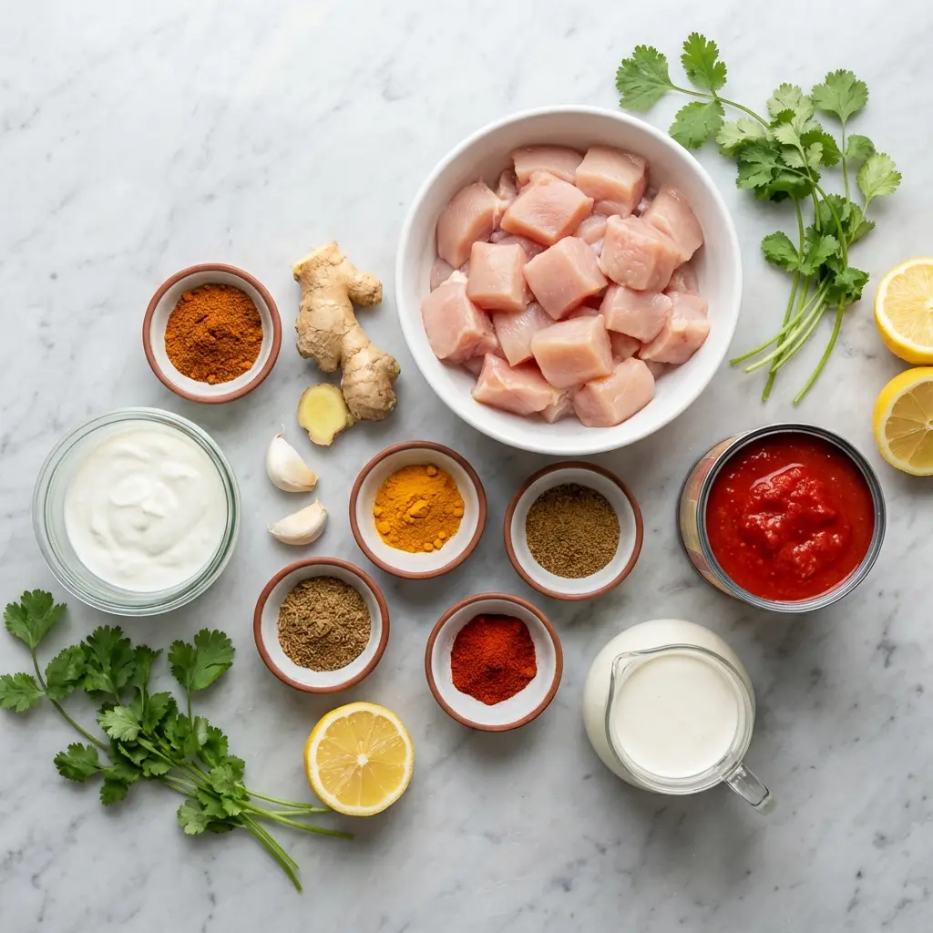 Overhead flat lay of ingredients for easy chicken tikka masala, including chicken, yogurt, tomatoes, and spices.