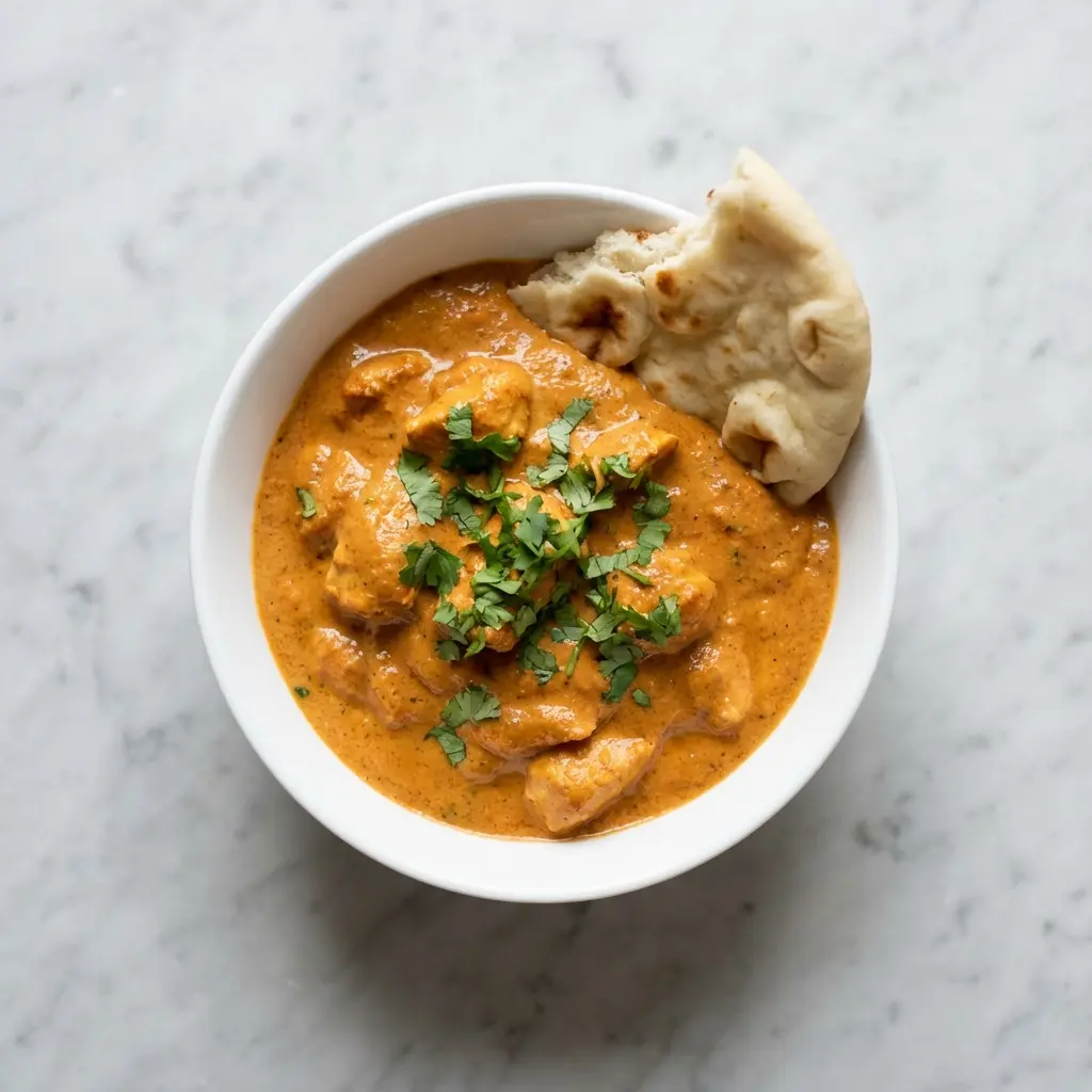 Overhead view of a bowl of easy chicken tikka masala next to a piece of naan bread.