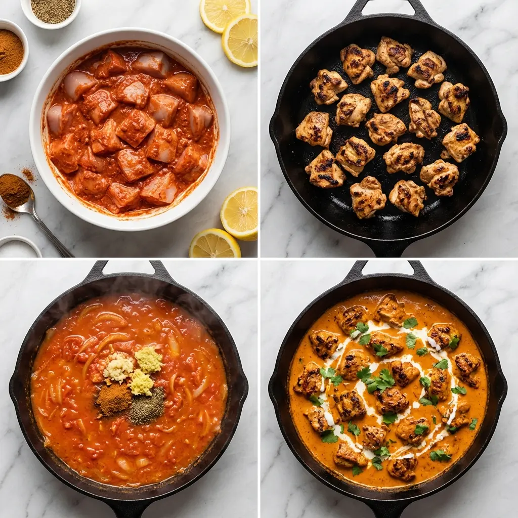 A four-panel image showing the steps to make easy chicken tikka masala: marinating, browning, simmering sauce, and the final dish.