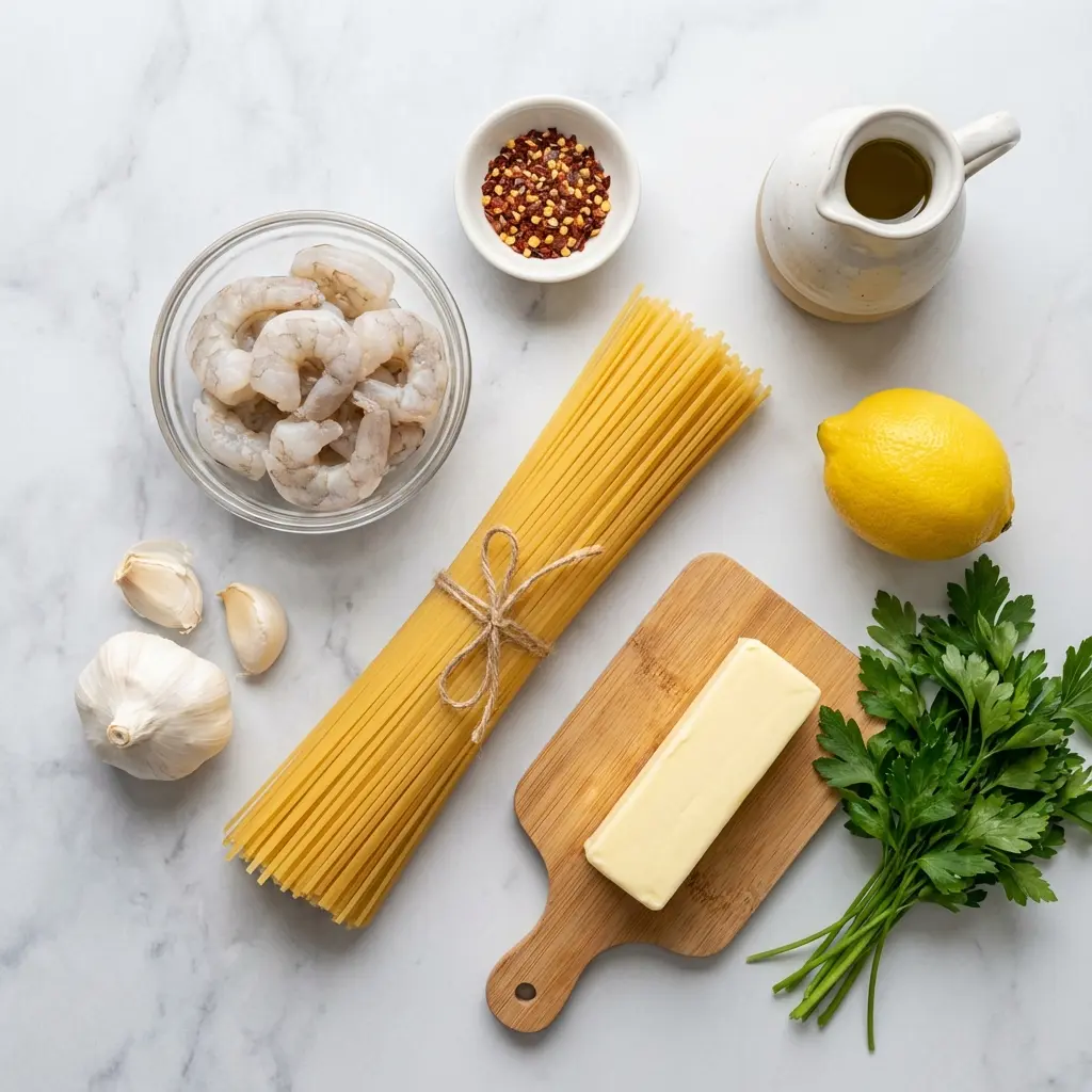Raw ingredients for garlic butter shrimp pasta, including shrimp, linguine, garlic, lemon, and parsley.