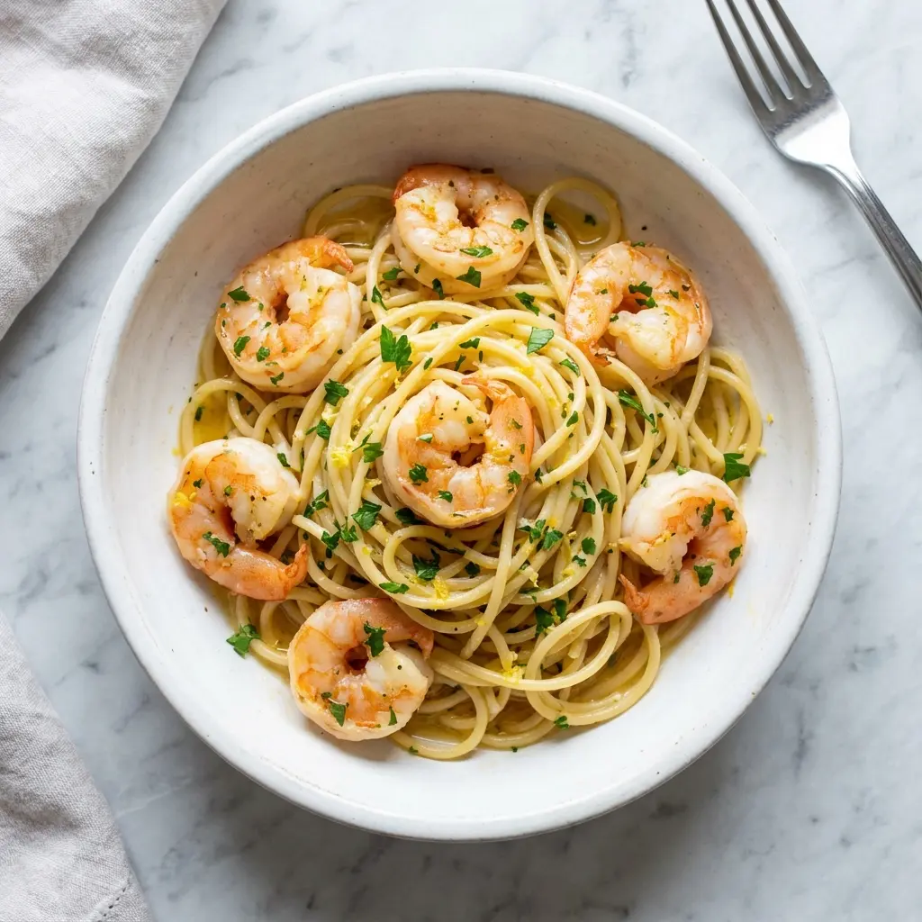 An overhead view of a finished bowl of garlic butter shrimp pasta.