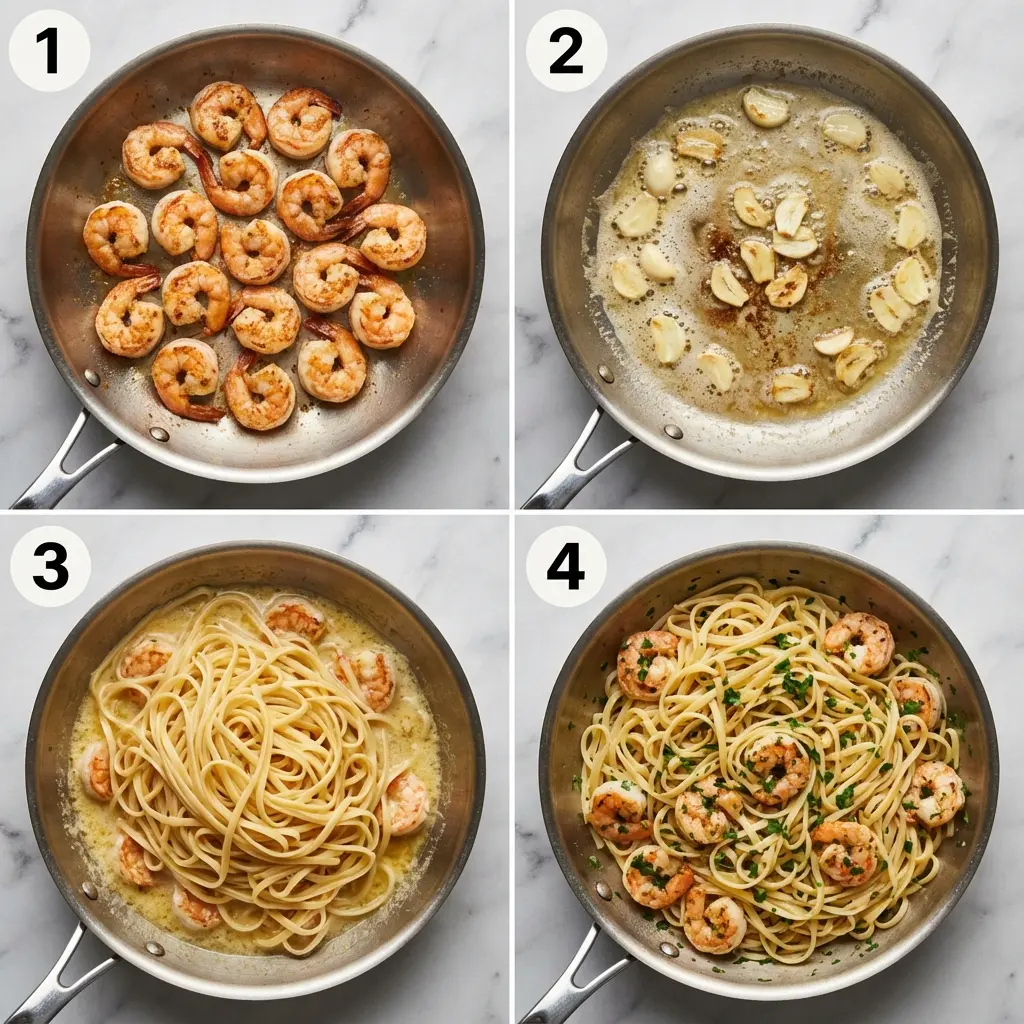 A four-panel image showing the steps to make garlic butter shrimp pasta: searing shrimp, making the sauce, adding pasta, and tossing to combine.