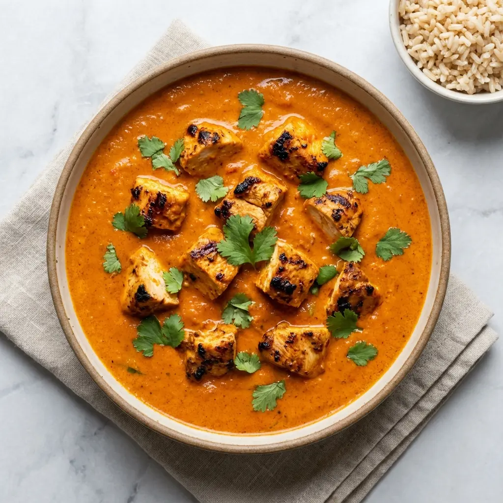An overhead view of a bowl of healthy chicken tikka masala on a marble countertop.