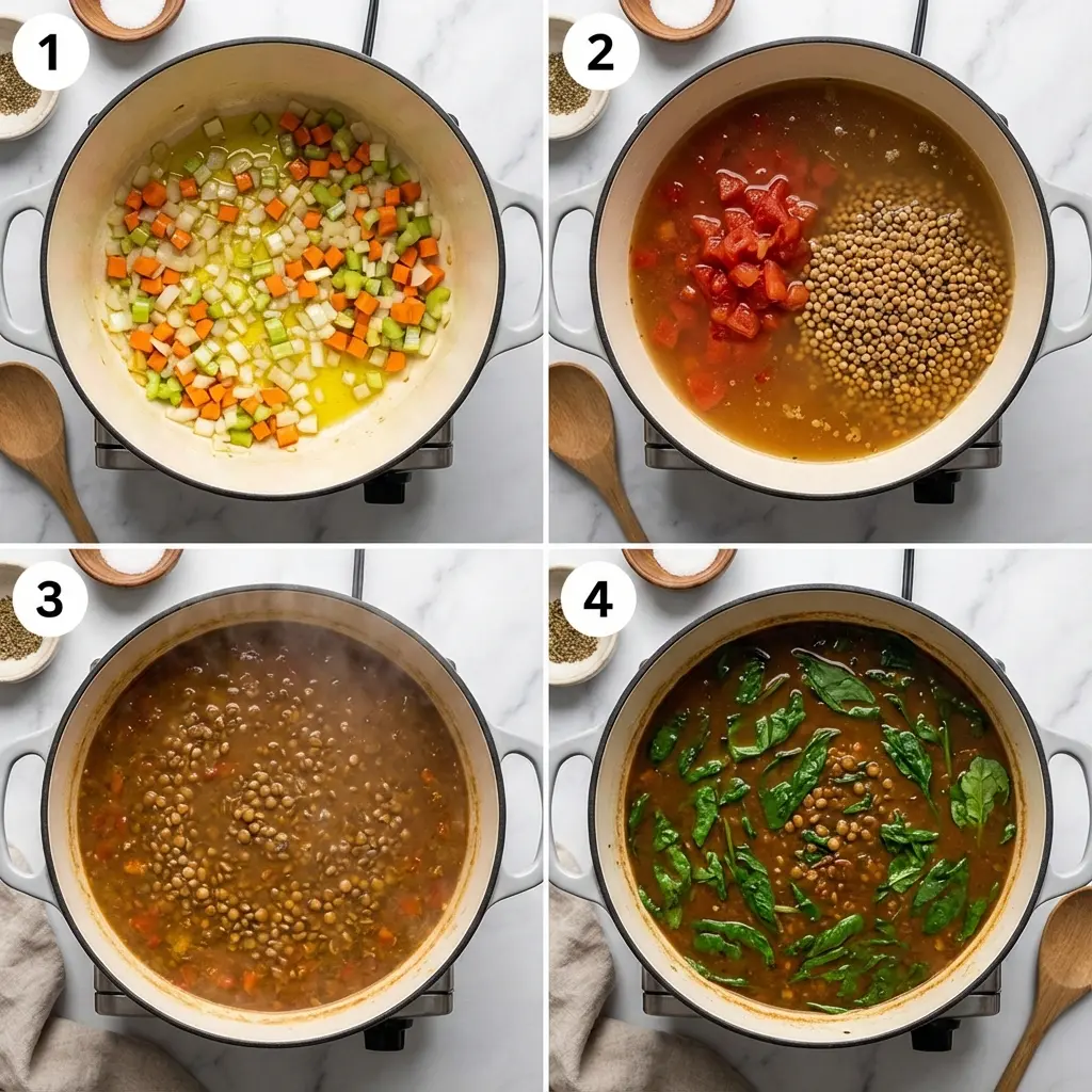 A four-panel image showing the cooking steps for high protein lentil vegetable soup, from sautéing vegetables to simmering the soup.