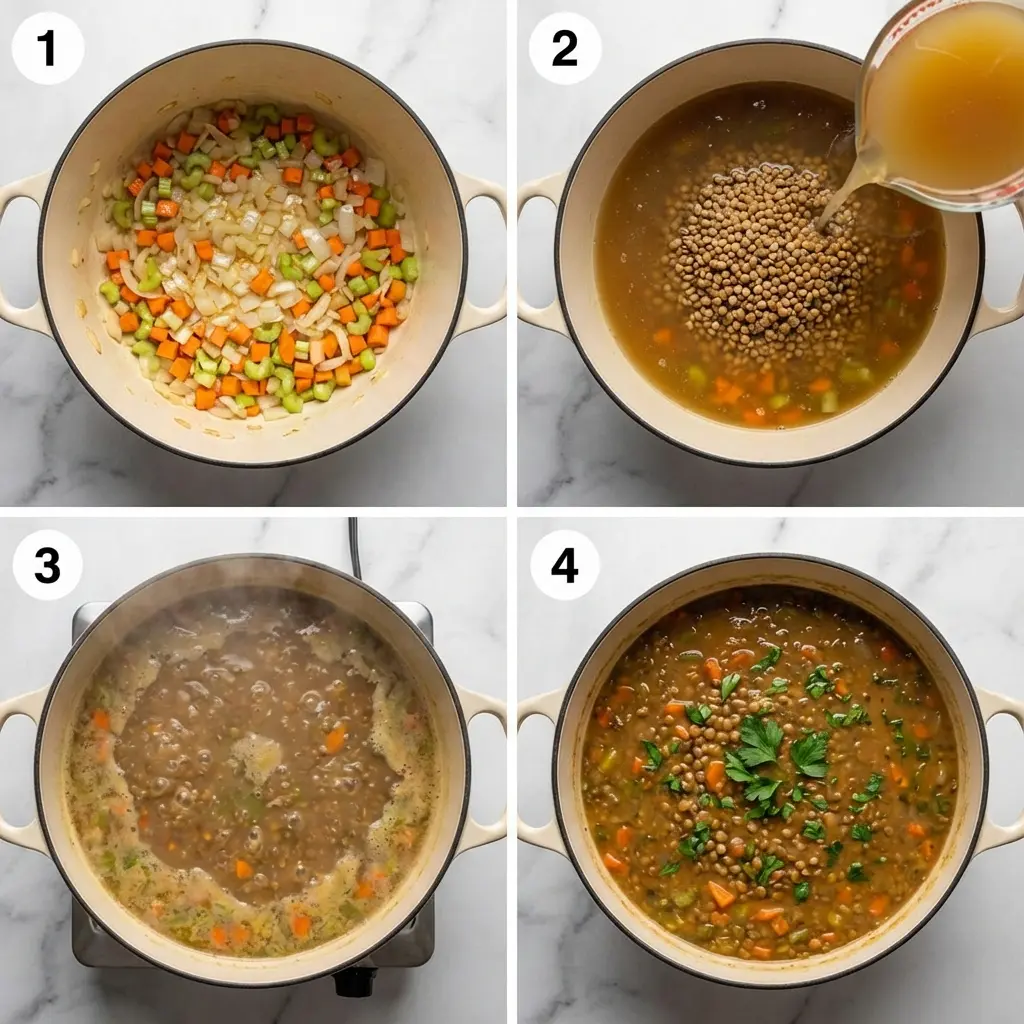 A four-panel image showing the step-by-step process of making lentil vegetable soup.