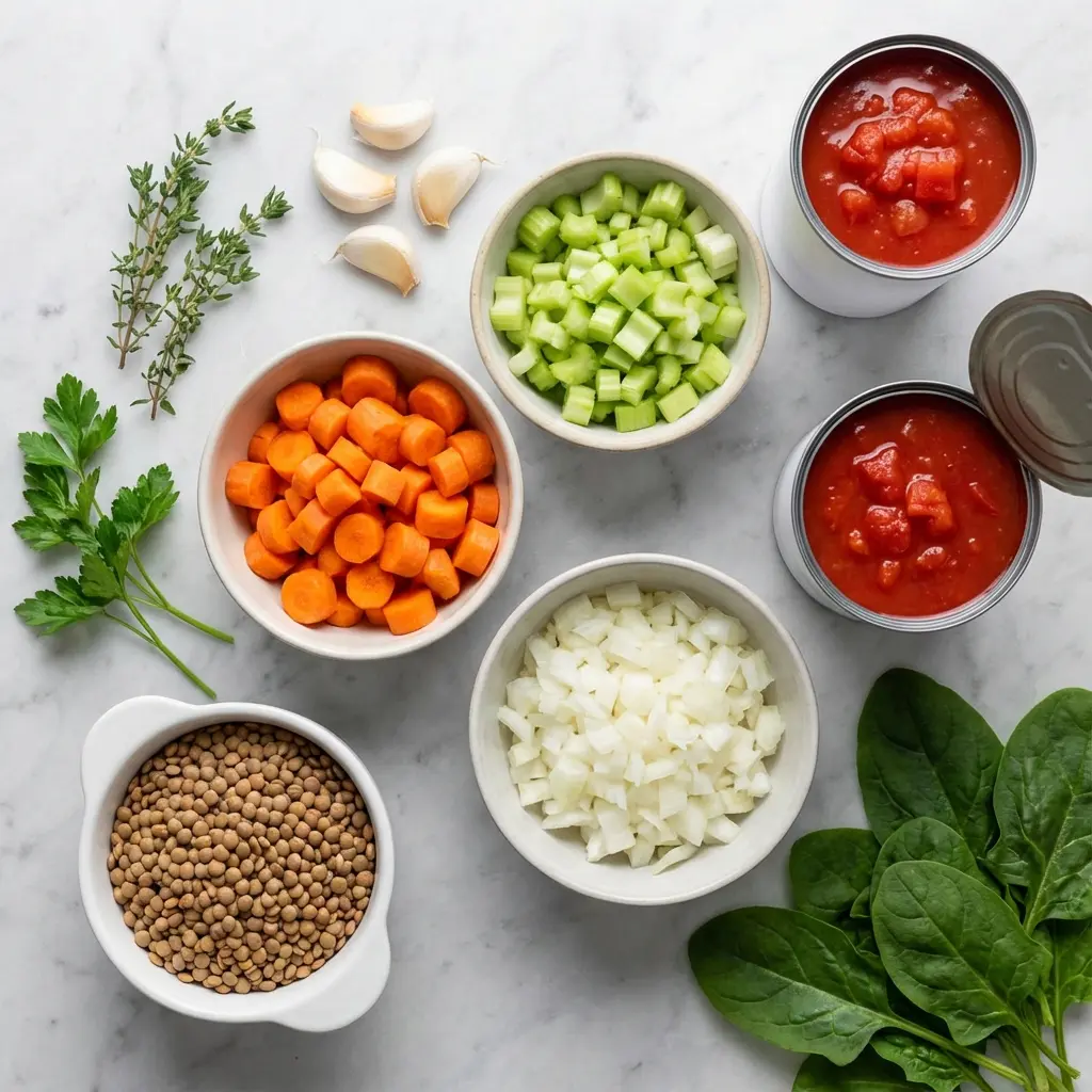 Ingredients for lentil vegetable soup with tomatoes laid out on a marble surface.
