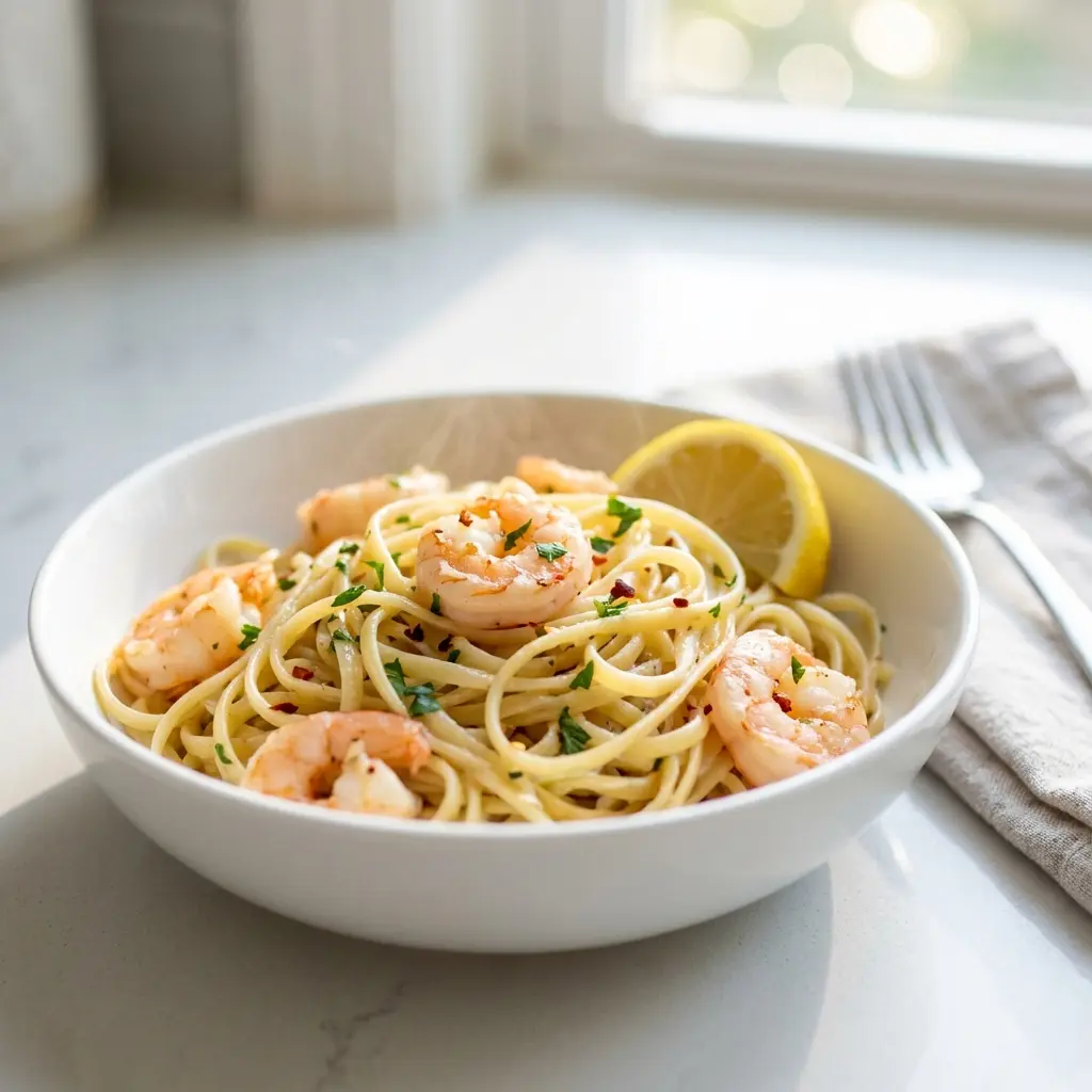 A serving of one pan garlic butter shrimp pasta in a white bowl, garnished with fresh parsley.