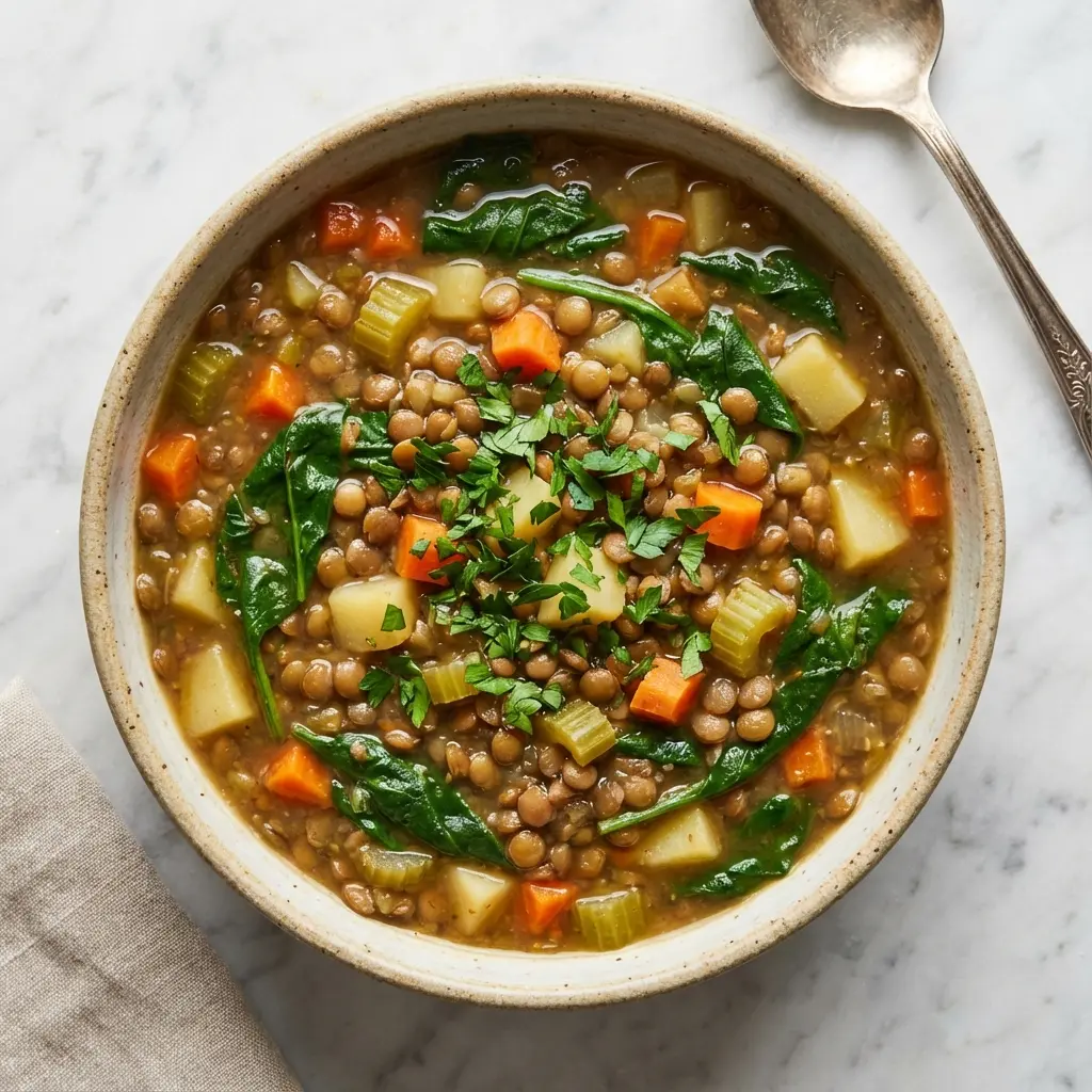 An overhead flat lay photo of a bowl of lentil vegetable soup.