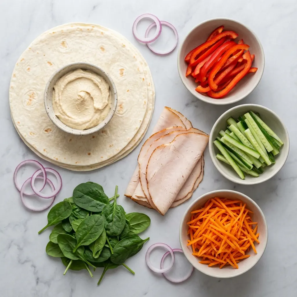 Ingredients for a turkey hummus veggie wrap laid out on a marble countertop.
