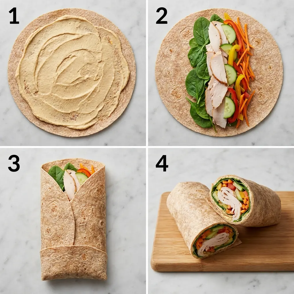A four-panel image showing the steps to assemble a turkey hummus veggie wrap.