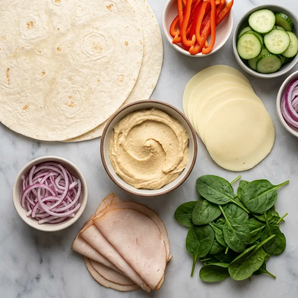 Ingredients for turkey hummus wrap meal prep laid out on a marble surface.