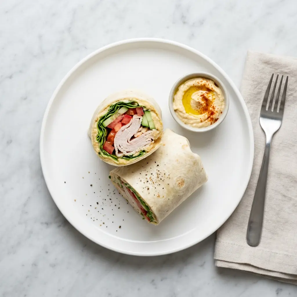 An overhead view of a finished turkey hummus wrap, sliced and served on a plate.