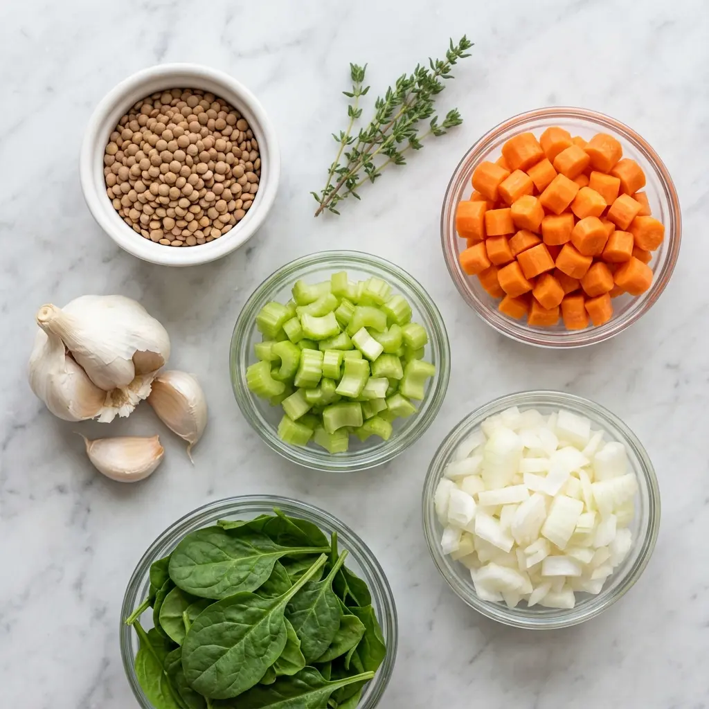 Overhead flat lay of the ingredients for vegan lentil vegetable soup: lentils, carrots, celery, onion, garlic, and spinach.
