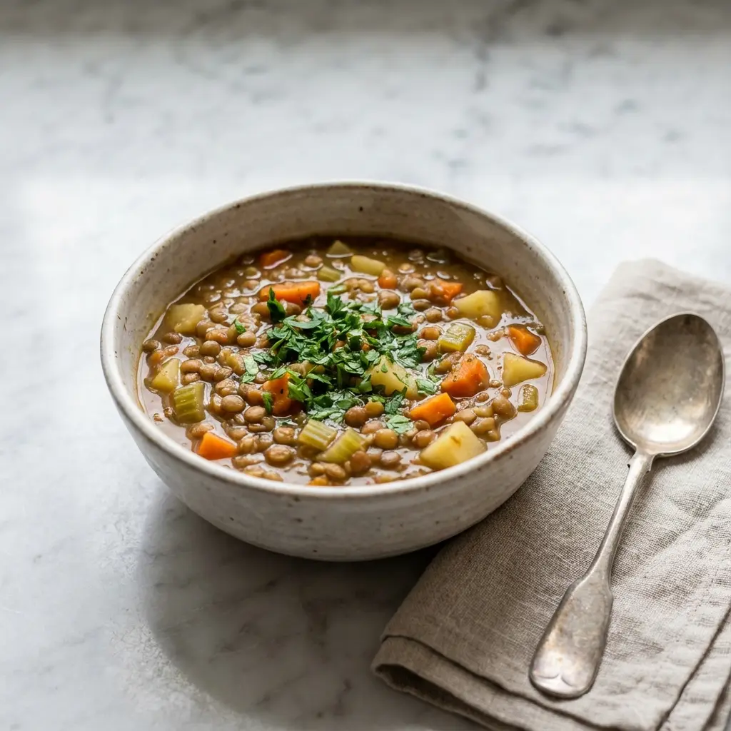 Overhead view of a bowl of vegan lentil vegetable soup garnished with parsley.