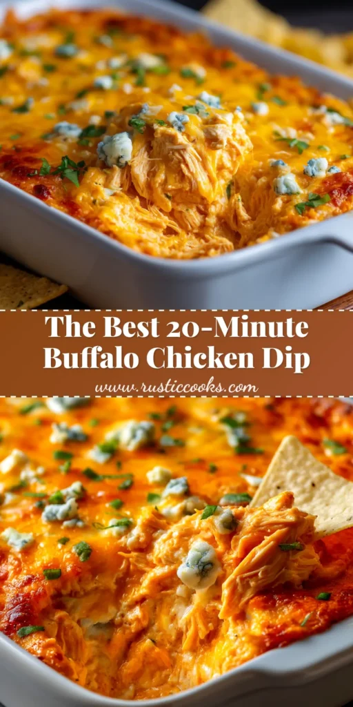 An overhead shot of a 20 minute buffalo chicken dip in a white baking dish, surrounded by tortilla chips and celery sticks. The perfect easy party appetizer recipe.
