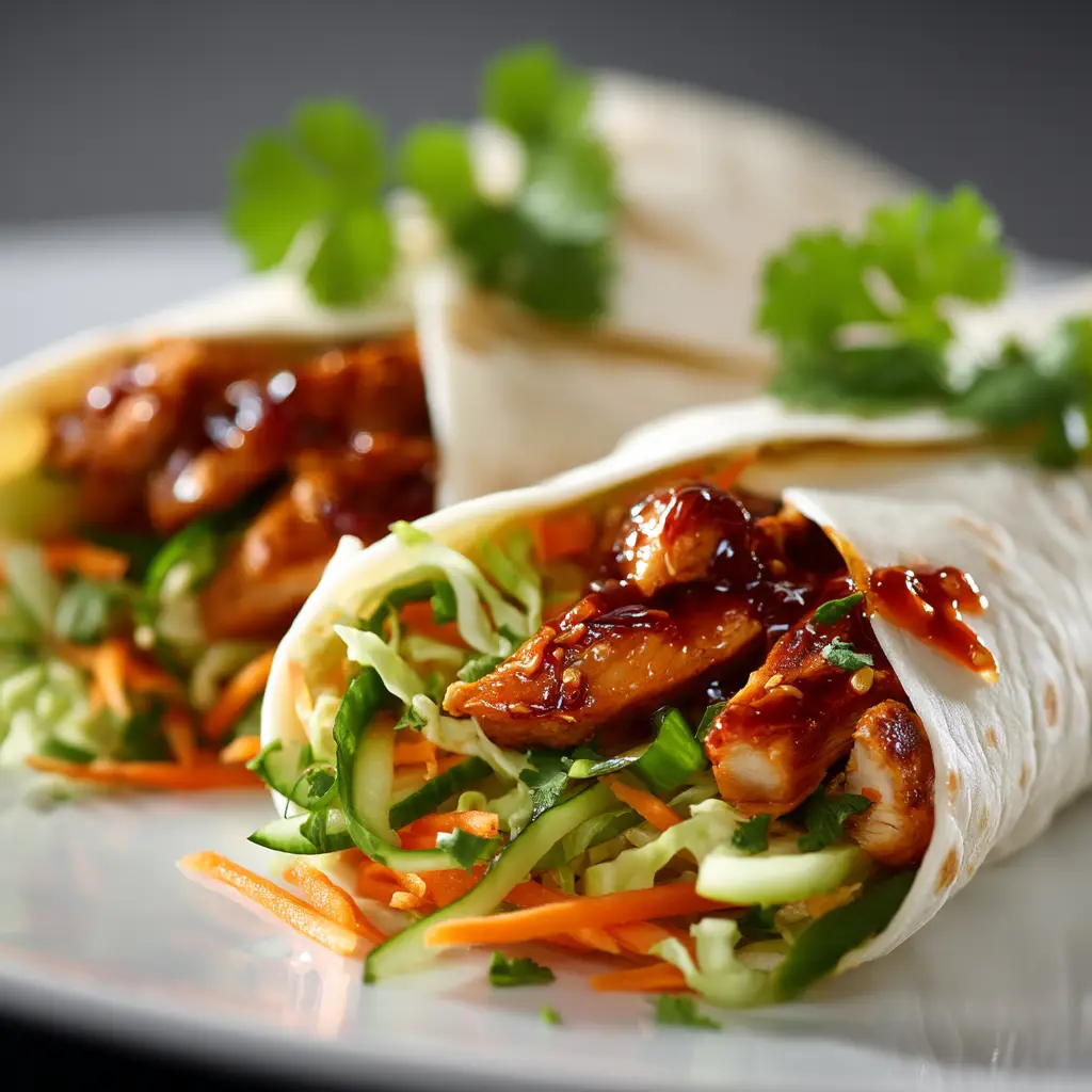 A fresh and vibrant image of two assembled sweet chili chicken wraps before being sliced, showcasing the soft tortilla and fillings.