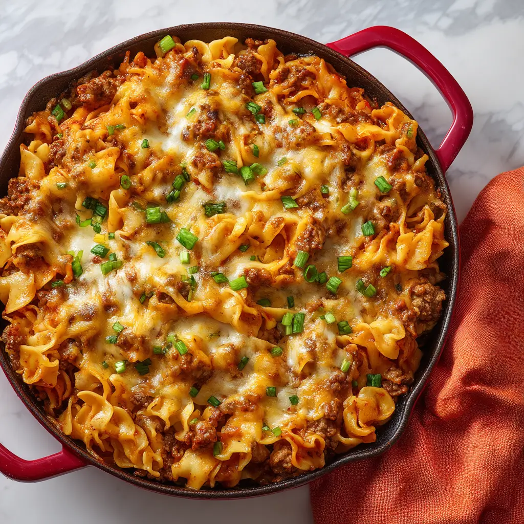 A serving of the baked beef and pasta casserole on a white plate, garnished with fresh parsley for a pop of color.