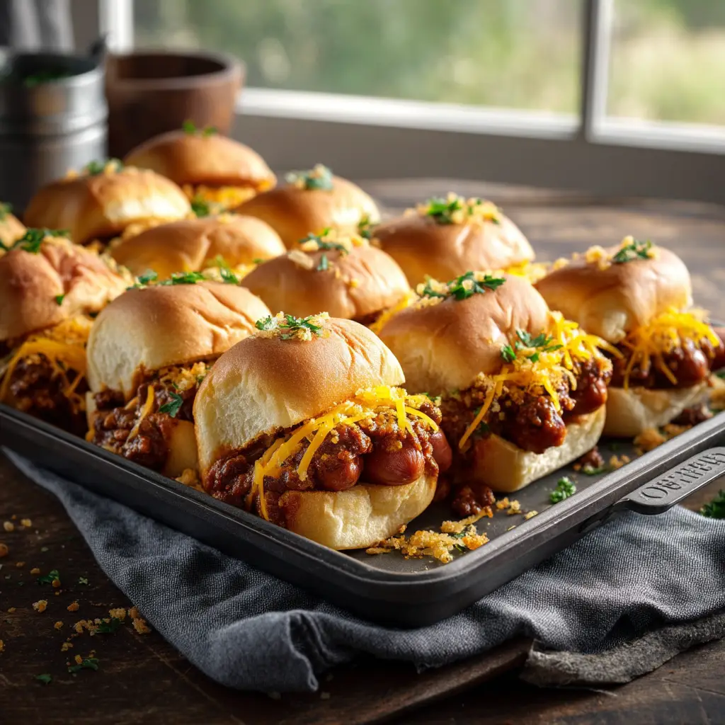 A side view of several baked beef sliders in a baking dish, showing the generous layers of chili, hot dogs, and cheese.