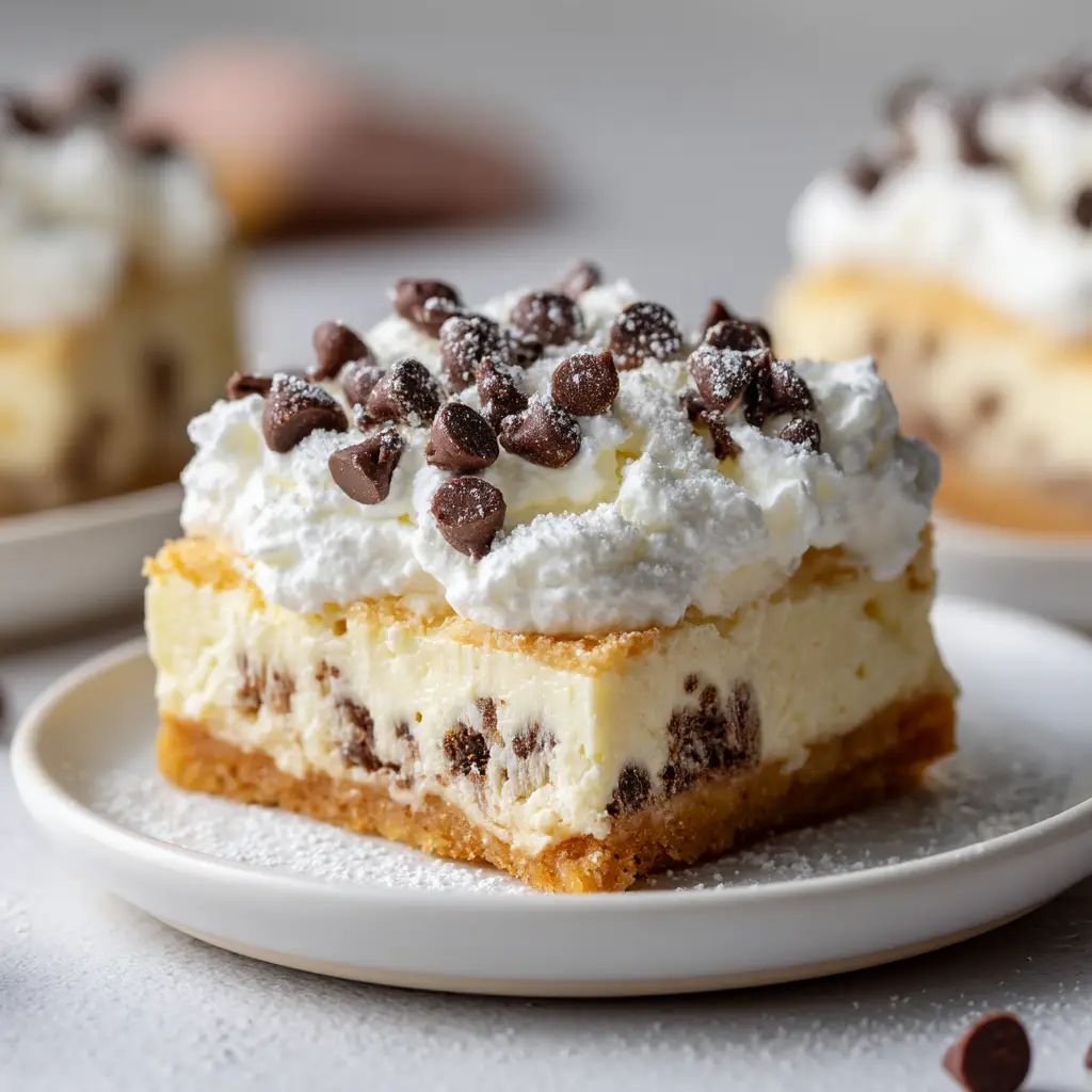A batch of freshly baked cannoli cheesecake bars in a 9x13 pan before being sliced, showcasing the golden-brown edges and smooth top.