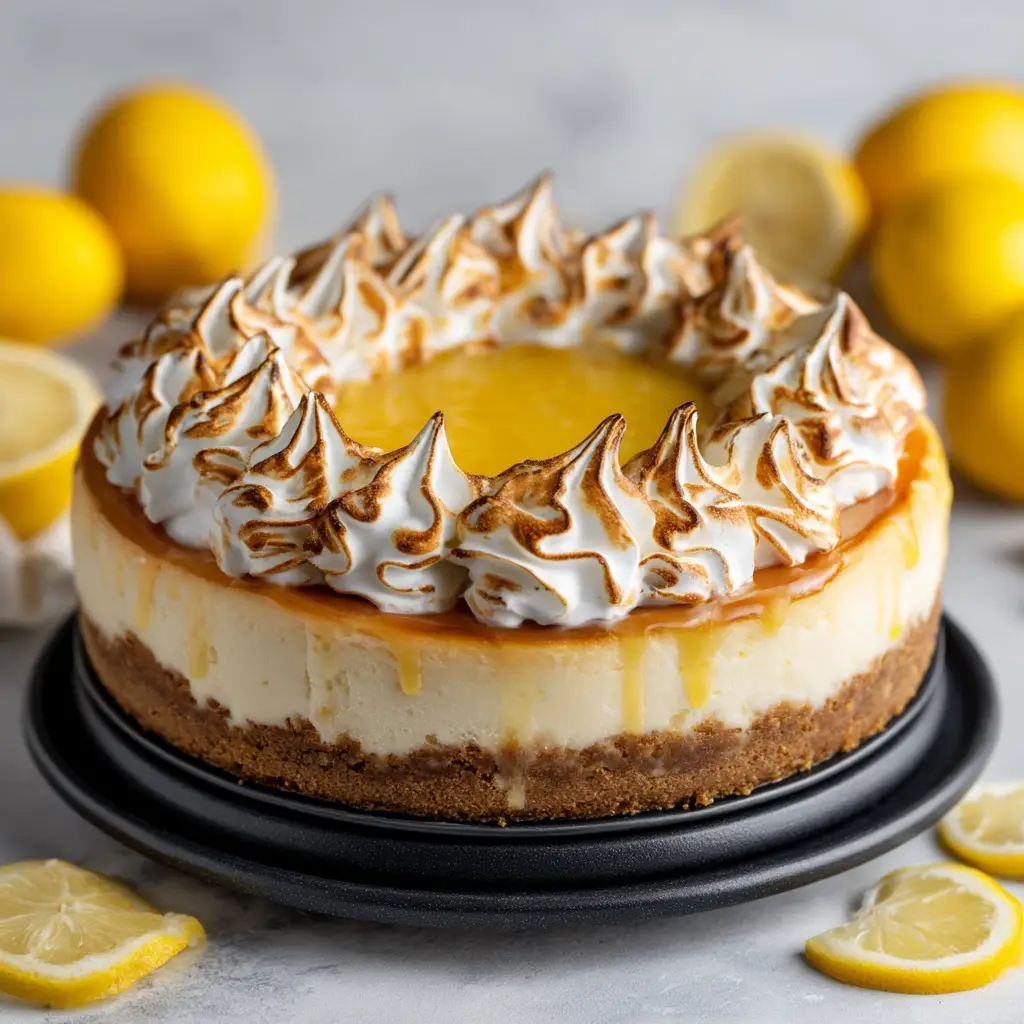 An overhead shot of the baked lemon cheesecake, emphasizing its smooth, golden surface before the meringue is added.