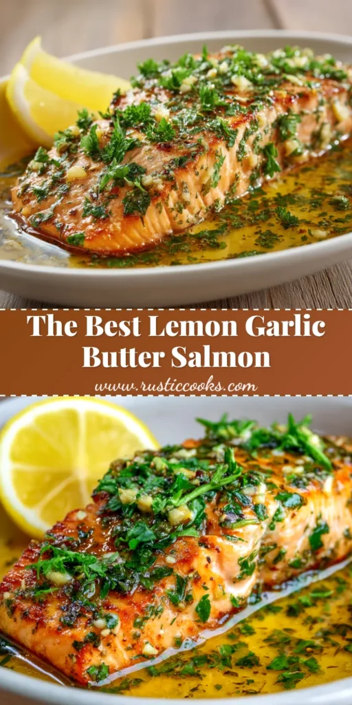 A stunning overhead shot of Baked Lemon Garlic Butter Salmon on a platter, garnished with fresh parsley and lemon slices.