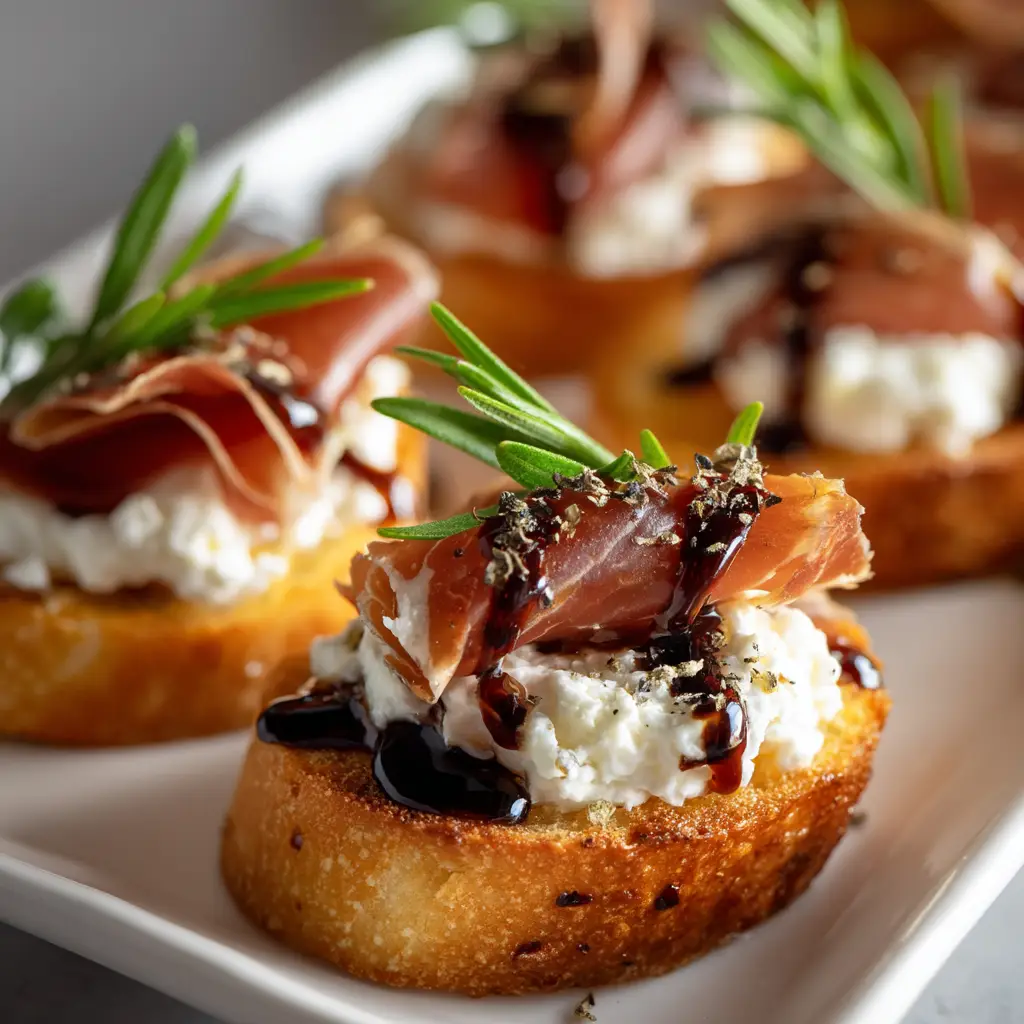A close-up view of a baked prosciutto appetizer with a focus on the crispy texture of the meat against a clean, white background.