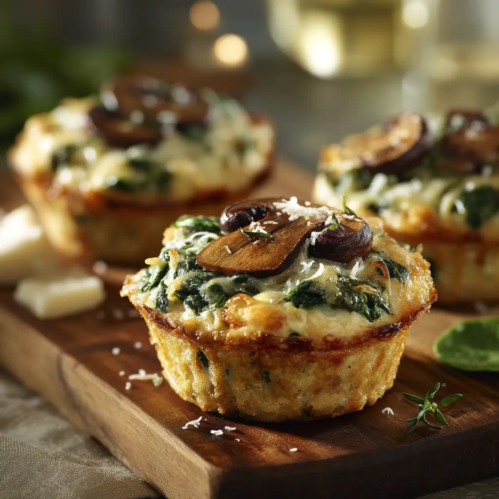 A batch of savory breakfast muffins in a muffin tin, fresh out of the oven, with visible bits of spinach and mushroom.