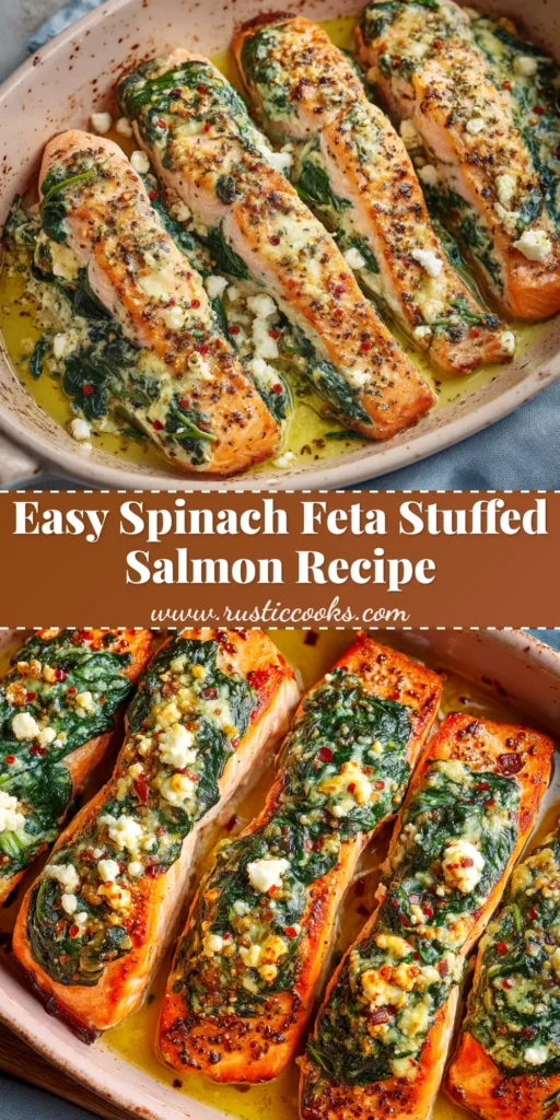 A close-up shot of a perfectly baked stuffed salmon fillet with a creamy spinach and feta filling, ready to be served.