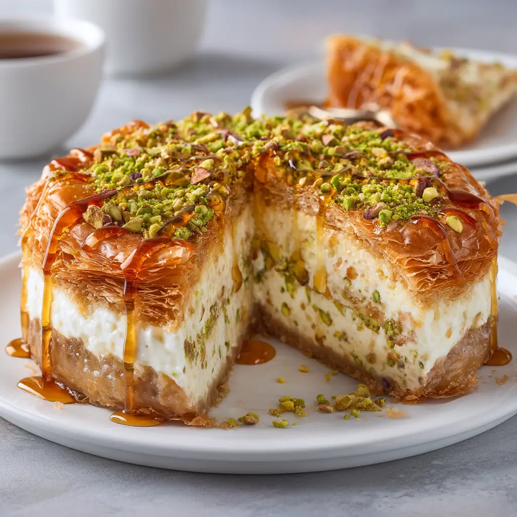 An overhead view of the whole baklava cheesecake, decorated with chopped walnuts and pistachios. The textures of the phyllo crust cheesecake are clearly visible.