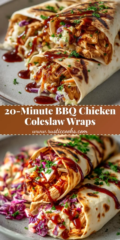 An overhead shot of two BBQ chicken coleslaw wraps sliced in half, revealing the colorful filling of shredded chicken and creamy coleslaw.