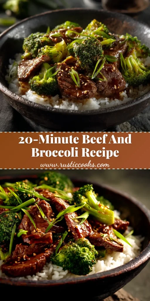 A close-up shot of a white bowl filled with a delicious beef and broccoli recipe, served over rice. The beef is glistening in a savory sauce and the broccoli is bright green.