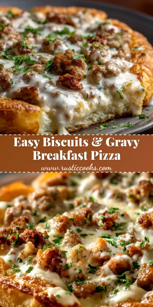 A full Biscuits and Gravy Breakfast Pizza on a wooden board, sliced to show a runny egg yolk, creamy sausage gravy, and flaky biscuit crust.