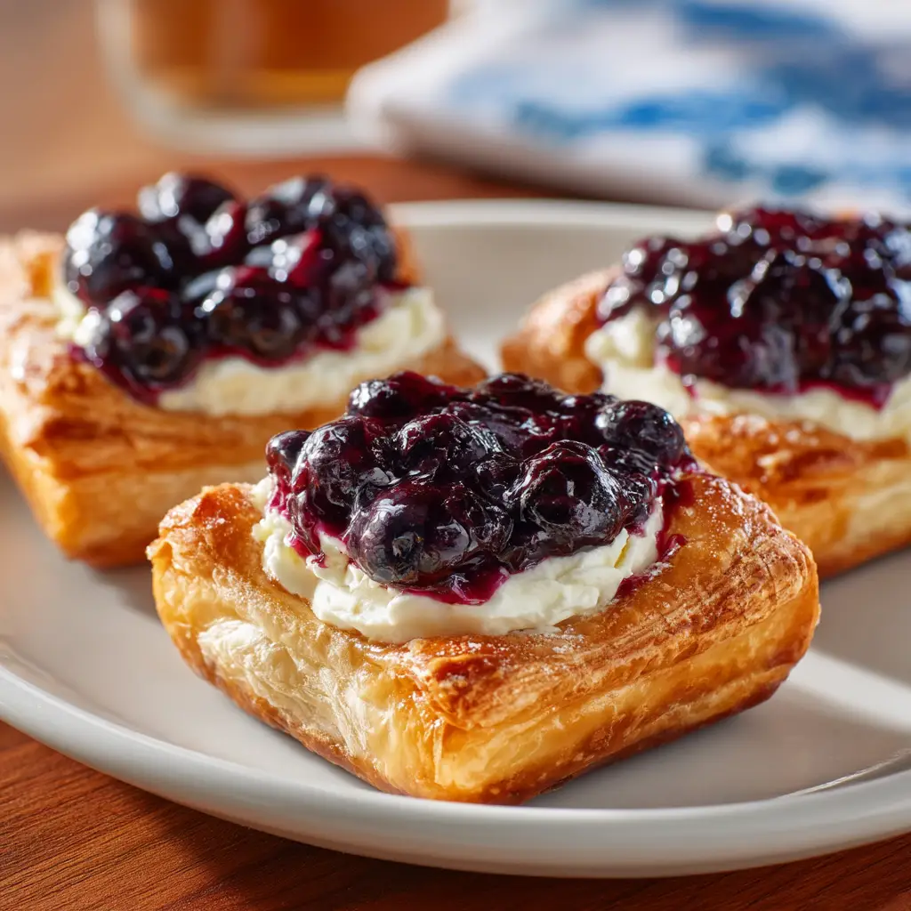 A detailed shot of the rich cream cheese filling and sweet blueberry sauce on a golden-baked danish, ready to be eaten.