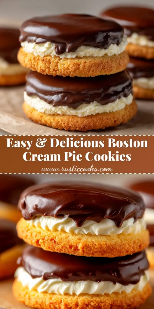 A delectable stack of Boston Cream Pie Cookies, with creamy vanilla filling peeking out from under a glossy chocolate ganache topping. The perfect dessert recipe.