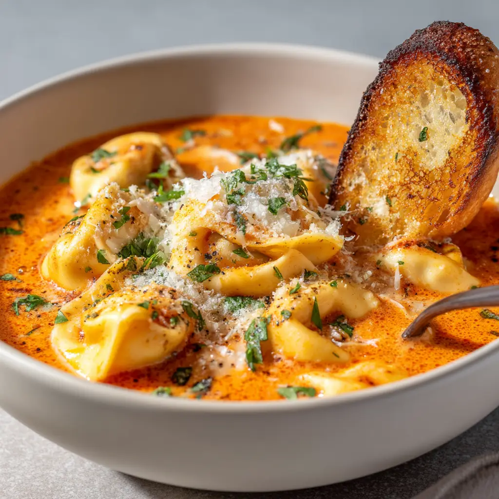 A white ceramic bowl filled with creamy tortellini soup, garnished with fresh basil leaves, ready to be served.