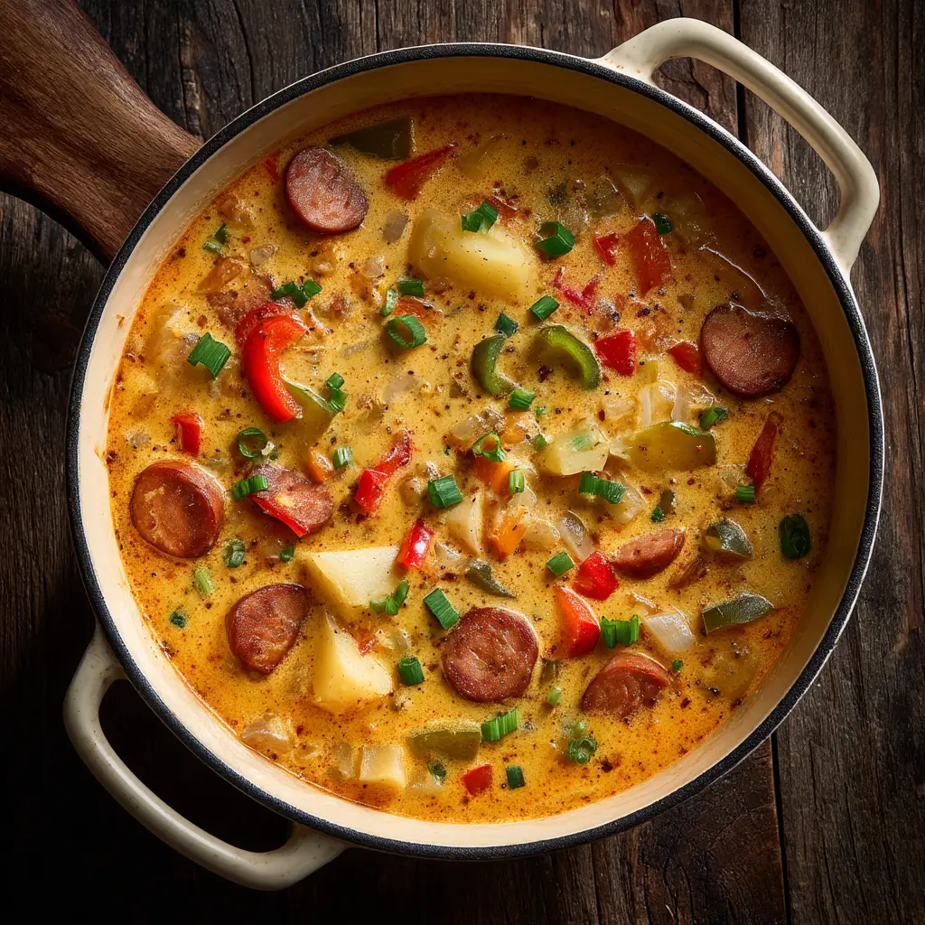 A close-up detail shot of the Dutch Oven Cajun Potato Soup, showing pieces of spicy andouille sausage and tender potatoes in the creamy base.