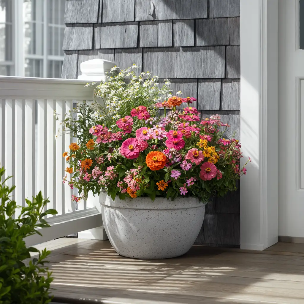 A healthy container garden with rich, dark potting mix visible, illustrating proper care and watering for container plants. The leaves are green and well-hydrated.