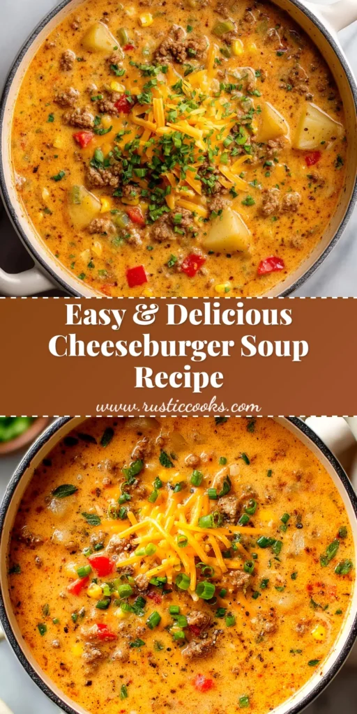 A bowl of creamy cheeseburger soup recipe, topped with bacon, cheese, and pickles. A spoon is resting in the bowl, ready to eat.